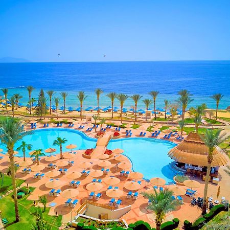 Pickalbatros Royal Grand Sharm - Adults Friendly 16 Years Plus Εξωτερικό φωτογραφία The photo depicts a picturesque resort scene by the sea. In the foreground, there is a large, inviting swimming pool surrounded by lounge chairs and umbrellas. Palm trees are strategically placed around the pool area, adding to the tropical atmospher